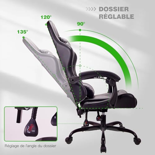 Chaise de Jeu Ergonomique T-THREE en Cuir avec Soutien Lombaire et Appui-tête
