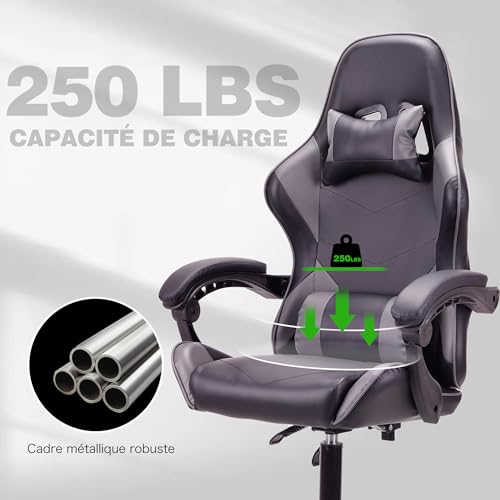 Chaise de Jeu Ergonomique T-THREE en Cuir avec Soutien Lombaire et Appui-tête