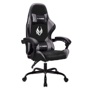 Chaise de Jeu Ergonomique T-THREE en Cuir avec Soutien Lombaire et Appui-tête