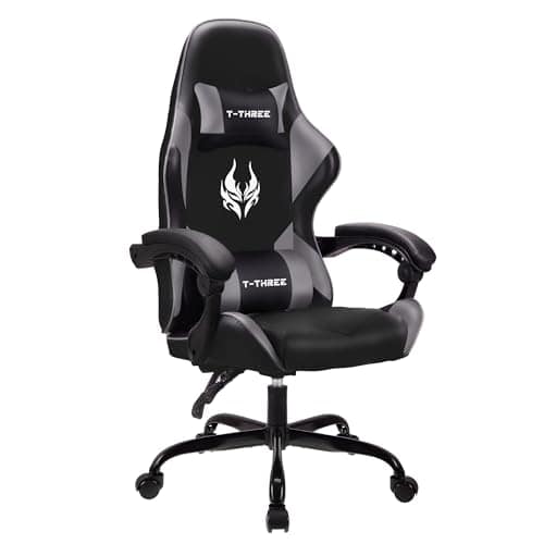Chaise de Jeu Ergonomique T-THREE en Cuir avec Soutien Lombaire et Appui-tête