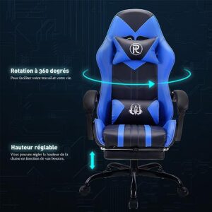 Chaise de Jeu Ergonomique en Cuir Bleu avec Repose-Pieds