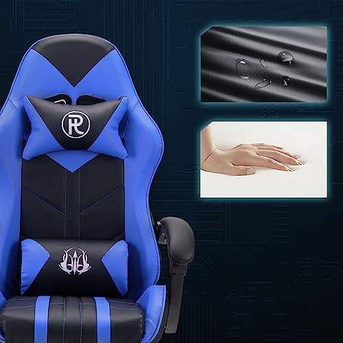 Chaise de Jeu Ergonomique en Cuir Bleu avec Repose-Pieds