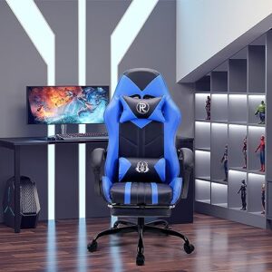 Chaise de Jeu Ergonomique en Cuir Bleu avec Repose-Pieds