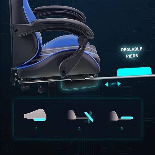 Chaise de Jeu Ergonomique en Cuir Bleu avec Repose-Pieds