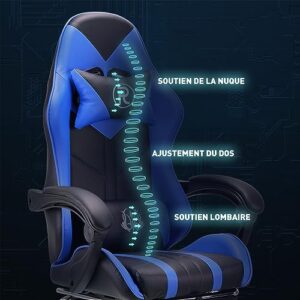 Chaise de Jeu Ergonomique en Cuir Bleu avec Repose-Pieds