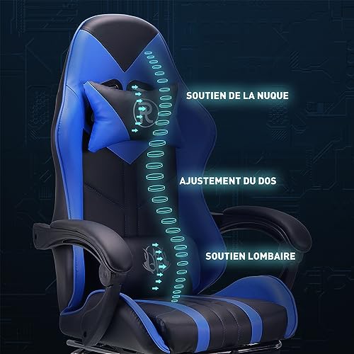 Chaise de Jeu Ergonomique en Cuir Bleu avec Repose-Pieds