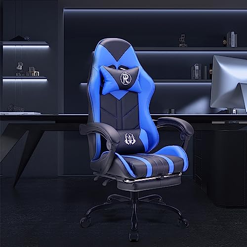 Chaise de Jeu Ergonomique en Cuir Bleu avec Repose-Pieds
