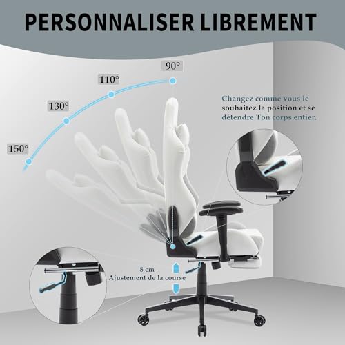 Chaise de Jeu STARUZI en Cuir Blanc avec Repose-Pieds et Accoudoirs réglables