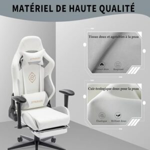 Chaise de Jeu STARUZI en Cuir Blanc avec Repose-Pieds et Accoudoirs réglables
