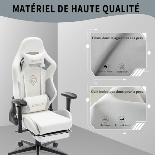Chaise de Jeu STARUZI en Cuir Blanc avec Repose-Pieds et Accoudoirs réglables