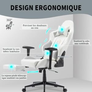 Chaise de Jeu STARUZI en Cuir Blanc avec Repose-Pieds et Accoudoirs réglables