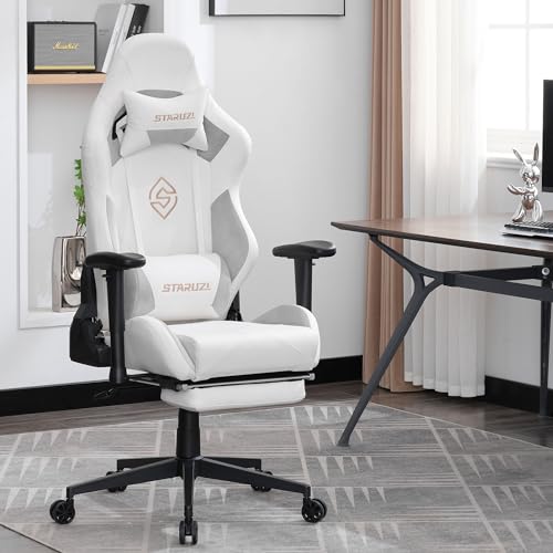Chaise de Jeu STARUZI en Cuir Blanc avec Repose-Pieds et Accoudoirs réglables