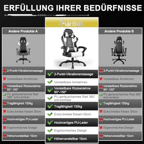 Chaise de bureau ergonomique Airfish avec appui-tête et coussin lombaire, 150 kg