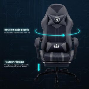 Chaise de bureau ergonomique gris avec repose-pieds pour le gaming et le travail