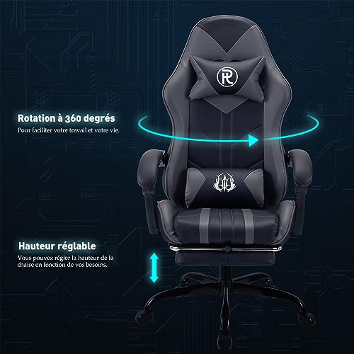 Chaise de bureau ergonomique gris avec repose-pieds pour le gaming et le travail