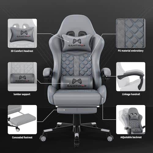 Chaise de jeu Gamtimer ergonomique avec repose-pieds et support lombaire gris