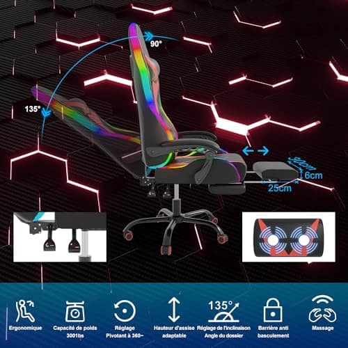 Devoko Chaise de Gaming LED Ergonomique Rouge avec Massage et Repose-Pieds