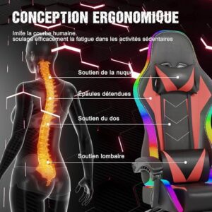 Devoko Chaise de Gaming LED Ergonomique Rouge avec Massage et Repose-Pieds
