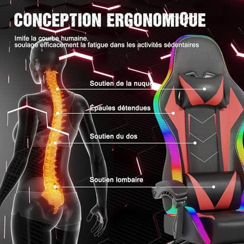 Devoko Chaise de Gaming LED Ergonomique Rouge avec Massage et Repose-Pieds
