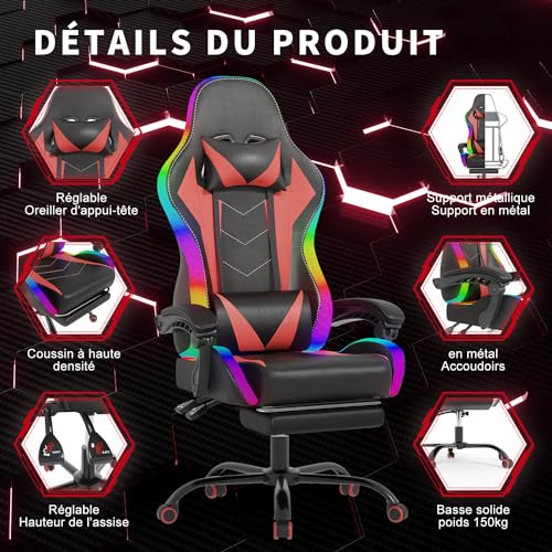 Devoko Chaise de Gaming LED Ergonomique Rouge avec Massage et Repose-Pieds