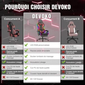Devoko Chaise de Gaming LED Ergonomique Rouge avec Massage et Repose-Pieds