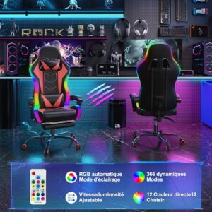 Devoko Chaise de Gaming LED Ergonomique Rouge avec Massage et Repose-Pieds