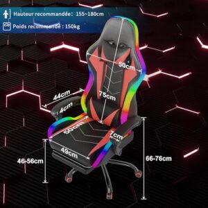 Devoko Chaise de Gaming LED Ergonomique Rouge avec Massage et Repose-Pieds
