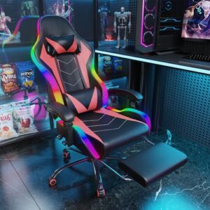 Devoko Chaise de Gaming LED Ergonomique Rouge avec Massage et Repose-Pieds