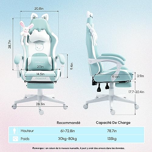 Dowinx Sweet Cat Edition : Chaise Gaming Ergonomique avec Repose-Pieds – Bleu