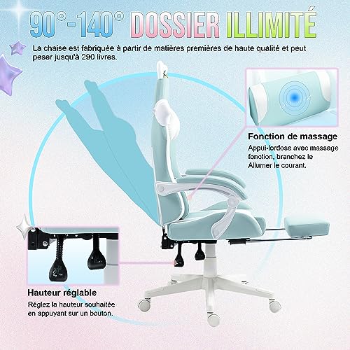 Dowinx Sweet Cat Edition : Chaise Gaming Ergonomique avec Repose-Pieds – Bleu