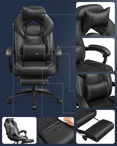 Fauteuil Gamer Ergonomique Noir avec Repose-Pieds et Support Lombaire OBG077B01