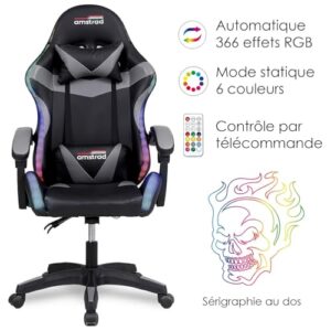 Fauteuil Gaming Amstrad AMS-900 LED Skull Noir et Gris avec Télécommande