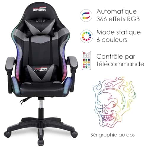 Fauteuil Gaming Amstrad AMS-900 LED Skull Noir et Gris avec Télécommande