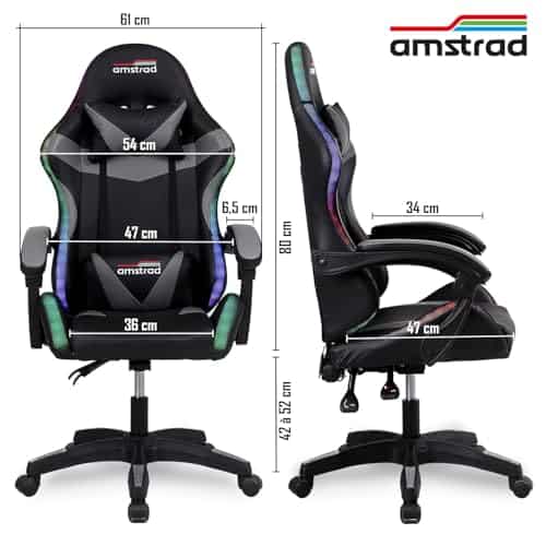 Fauteuil Gaming Amstrad AMS-900 LED Skull Noir et Gris avec Télécommande