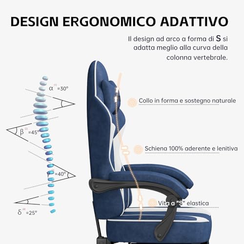 Fauteuil Gaming Ergonomique PZDO avec Repose-Pieds et Support Lombaire – Bleu