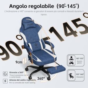 Fauteuil Gaming Ergonomique PZDO avec Repose-Pieds et Support Lombaire – Bleu