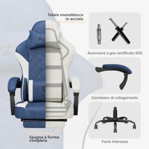 Fauteuil Gaming Ergonomique PZDO avec Repose-Pieds et Support Lombaire – Bleu