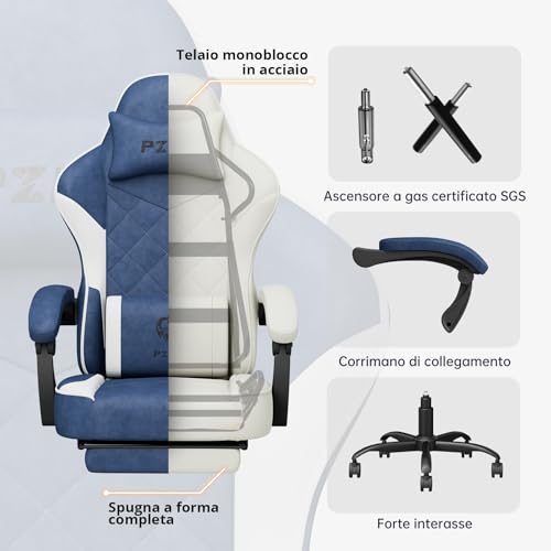 Fauteuil Gaming Ergonomique PZDO avec Repose-Pieds et Support Lombaire – Bleu