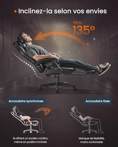 Fauteuil Gaming SONGMICS HOME OBG072B03, Chaise Bureau Ergonomique Noir Anime