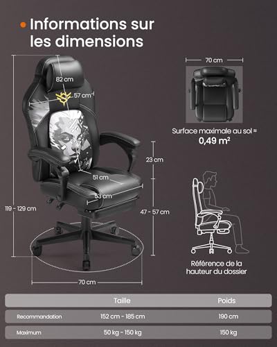 Fauteuil Gaming SONGMICS HOME OBG072B03, Chaise Bureau Ergonomique Noir Anime