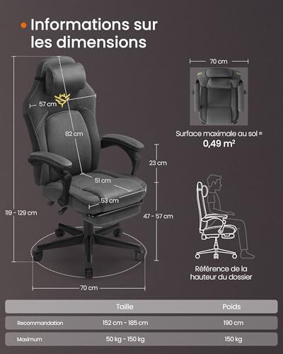 Fauteuil Gaming SONGMICS HOME OBG072G01 Ergonomique avec Repose-Pieds et Appui-tête