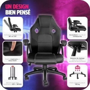 Fauteuil Gaming TecTake® Ergonomique 360° avec Accoudoirs et Hauteur Réglable