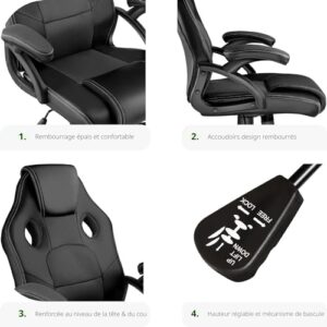 Fauteuil Gaming TecTake® Ergonomique 360° avec Accoudoirs et Hauteur Réglable