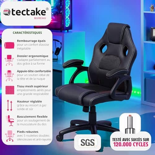Fauteuil Gaming TecTake® Ergonomique 360° avec Accoudoirs et Hauteur Réglable