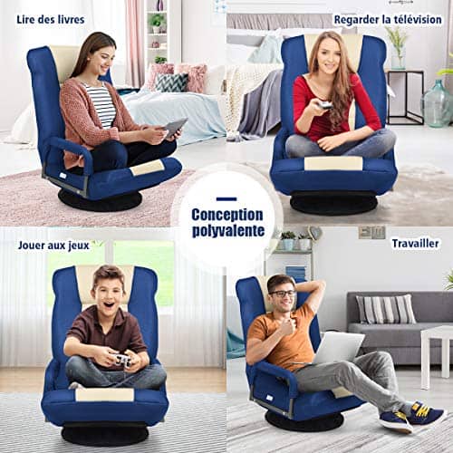 Fauteuil Pliable COSTWAY Bleu, Chaise de Jeu Dossier Réglable 360°