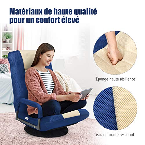 Fauteuil Pliable COSTWAY Bleu, Chaise de Jeu Dossier Réglable 360°