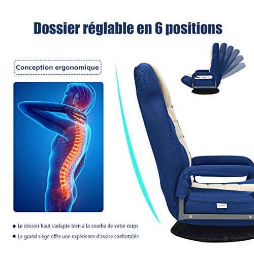Fauteuil Pliable COSTWAY Bleu, Chaise de Jeu Dossier Réglable 360°