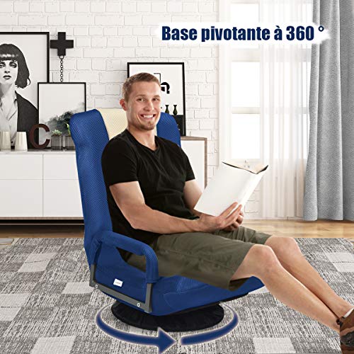 Fauteuil Pliable COSTWAY Bleu, Chaise de Jeu Dossier Réglable 360°