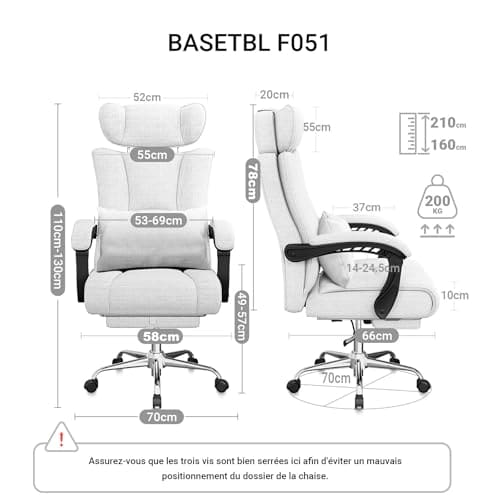 Fauteuil de Bureau Ergonomique BASETBL 200kg avec Repose-Pied et Dossier Haut