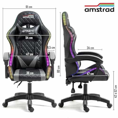 Fauteuil de Bureau Gamer Amstrad Ultimate-BK-LED Noir & Gris avec Éclairage LED